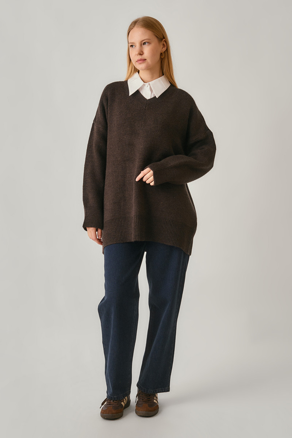 V-Neck Knit Sweater Brown - 3