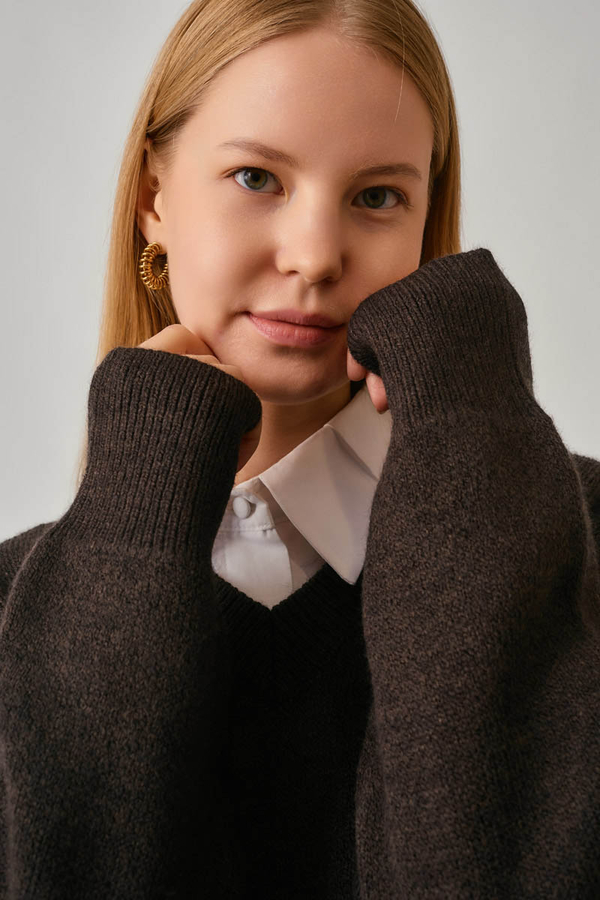 V-Neck Knit Sweater Brown - 5