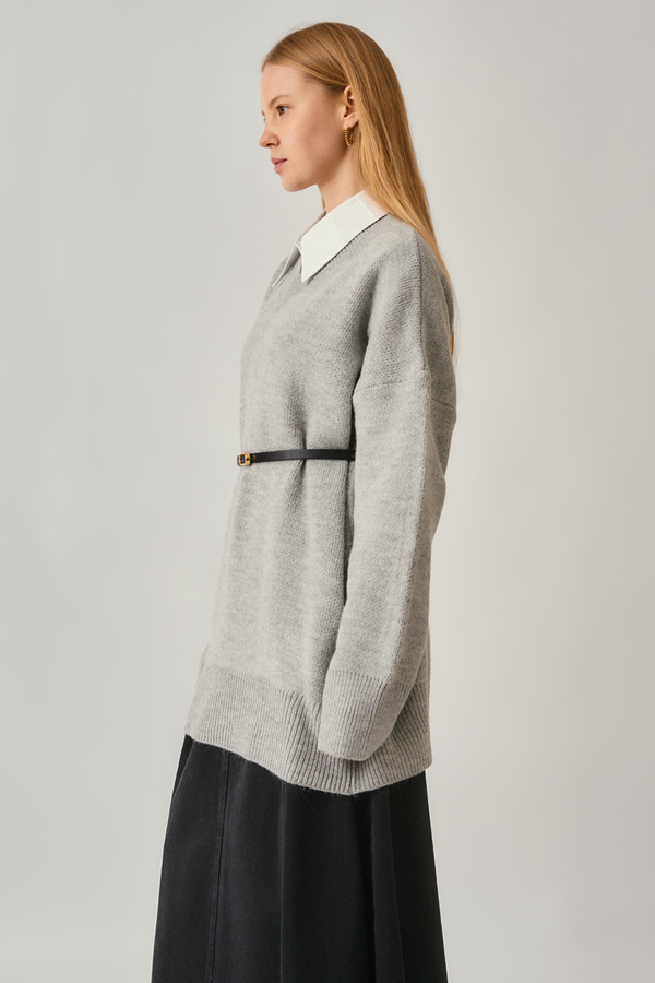 V-Neck Knit Sweater Light Grey - 3