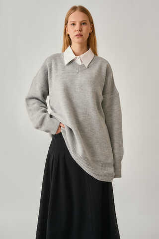 V-Neck Knit Sweater Light Grey - 2
