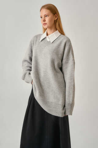 V-Neck Knit Sweater Light Grey - 6