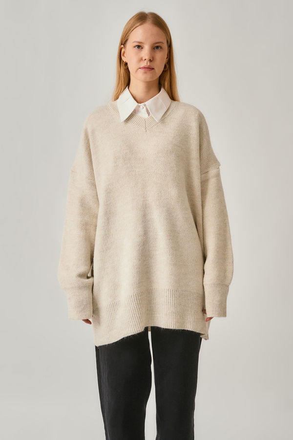V-Neck Knit Sweater Stone - 3