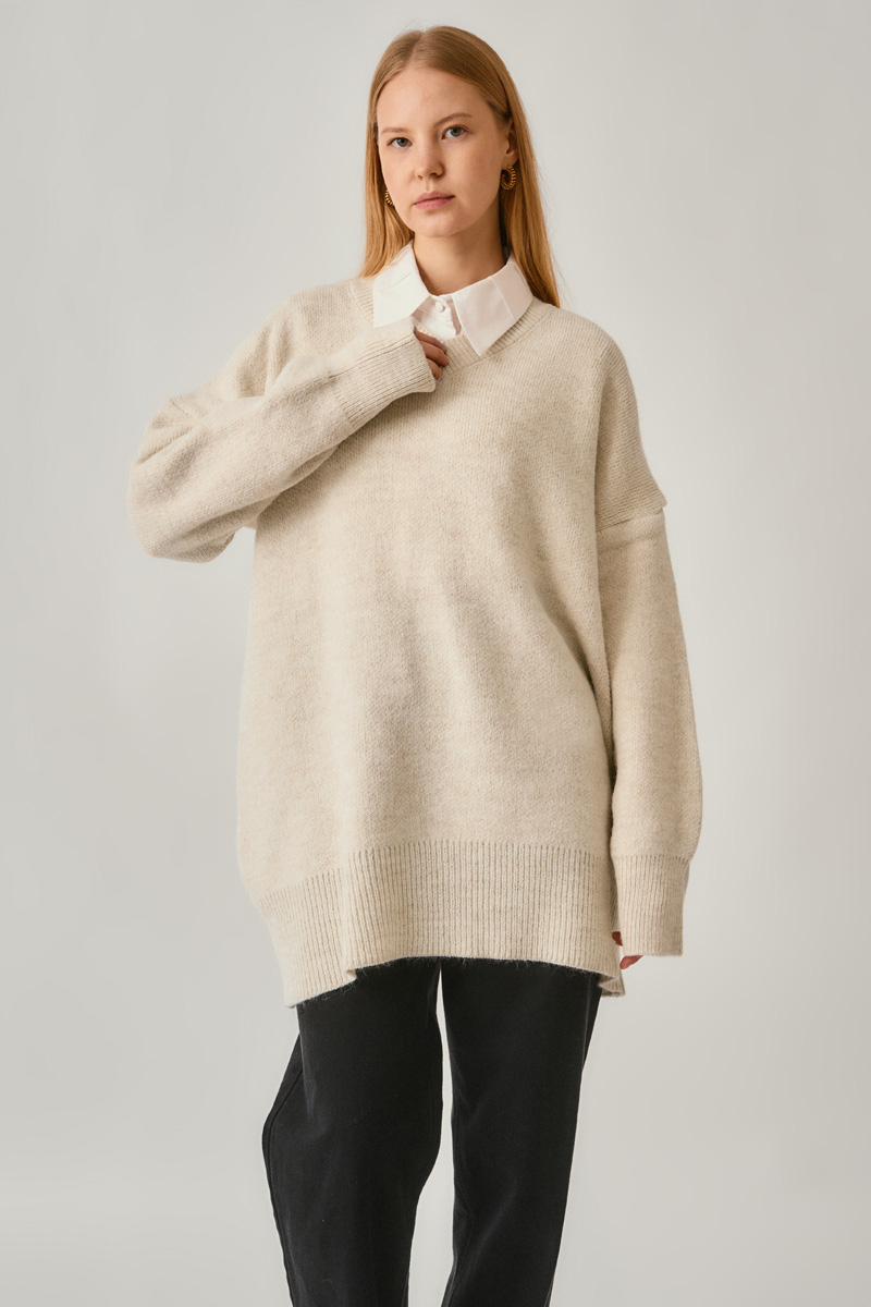 V-Neck Knit Sweater Stone