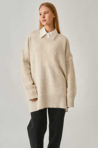 V-Neck Knit Sweater Stone - 5