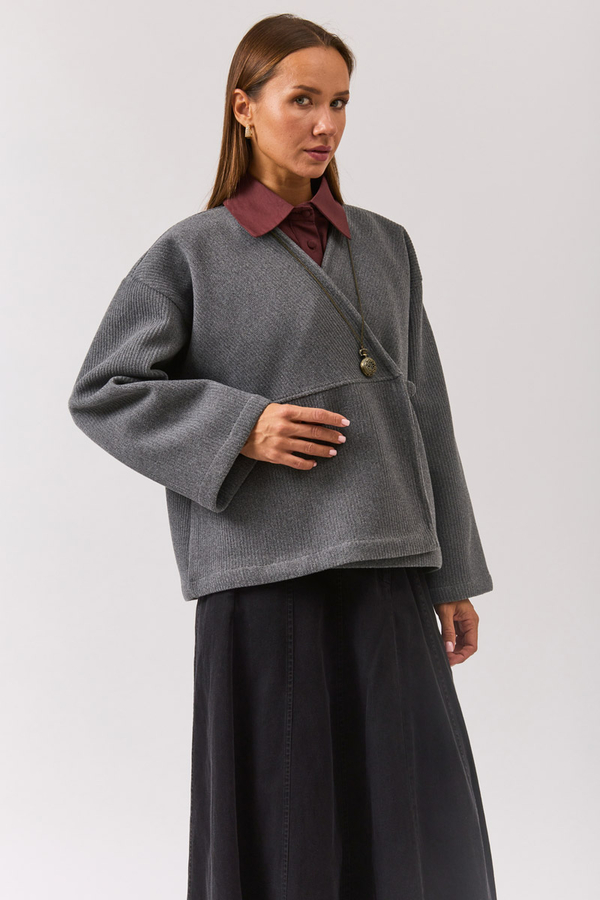 V Yaka Kruvaze Ceket Gri - 4