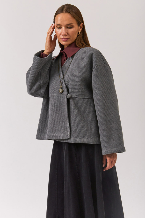 V Yaka Kruvaze Ceket Gri - 1