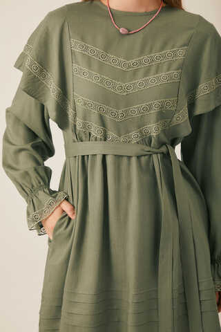 Frill Detailed Lace Tunic Khaki - 2