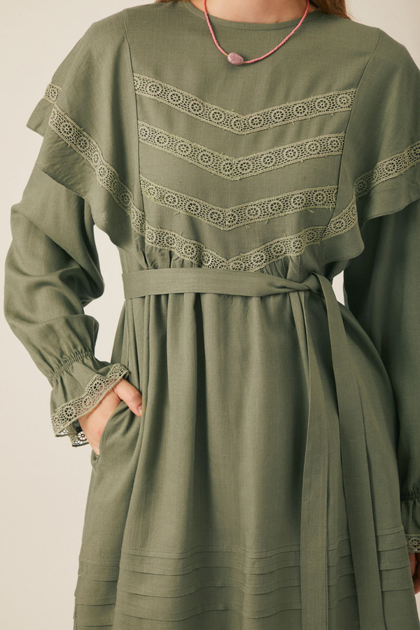 Frill Detailed Lace Tunic Khaki - 2