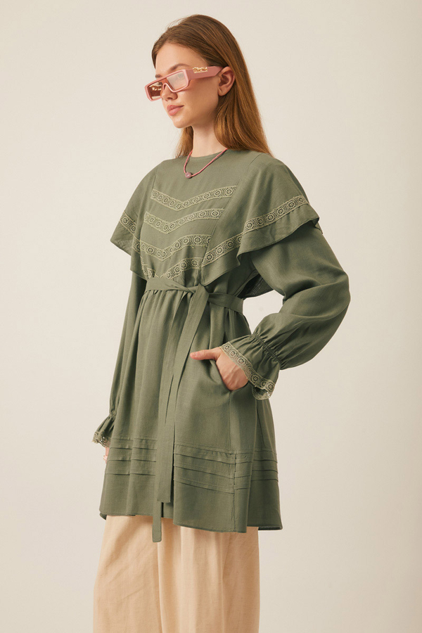 Frill Detailed Lace Tunic Khaki - 4