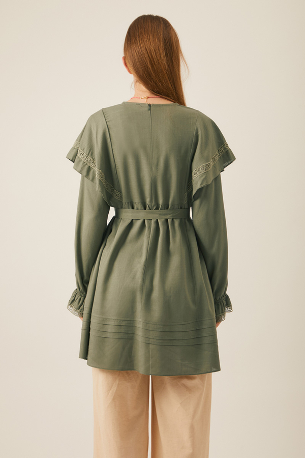 Frill Detailed Lace Tunic Khaki - 5