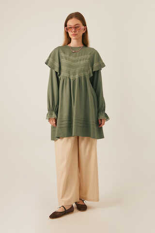 Frill Detailed Lace Tunic Khaki - 1