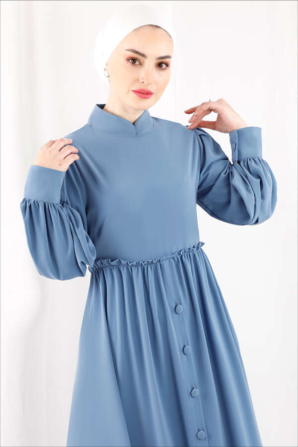 Frilly Buttoned Waist Dress Baby Blue - 3