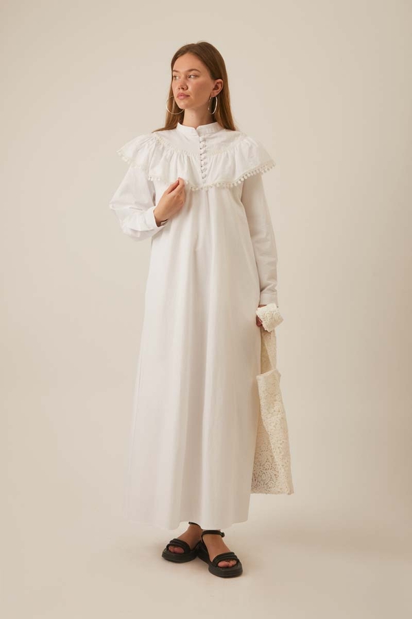 White Dress with Ruffled Yoke Detail - 5