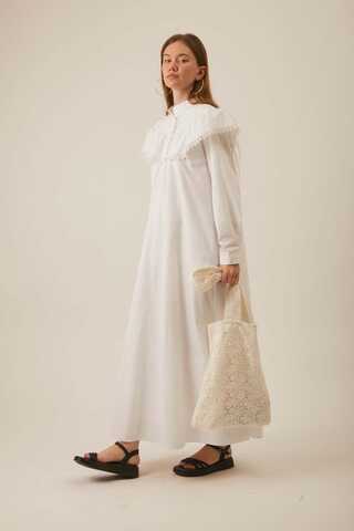 White Dress with Ruffled Yoke Detail - 7