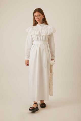 White Dress with Ruffled Yoke Detail - 8