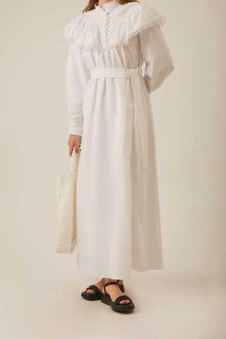 White Dress with Ruffled Yoke Detail - 9