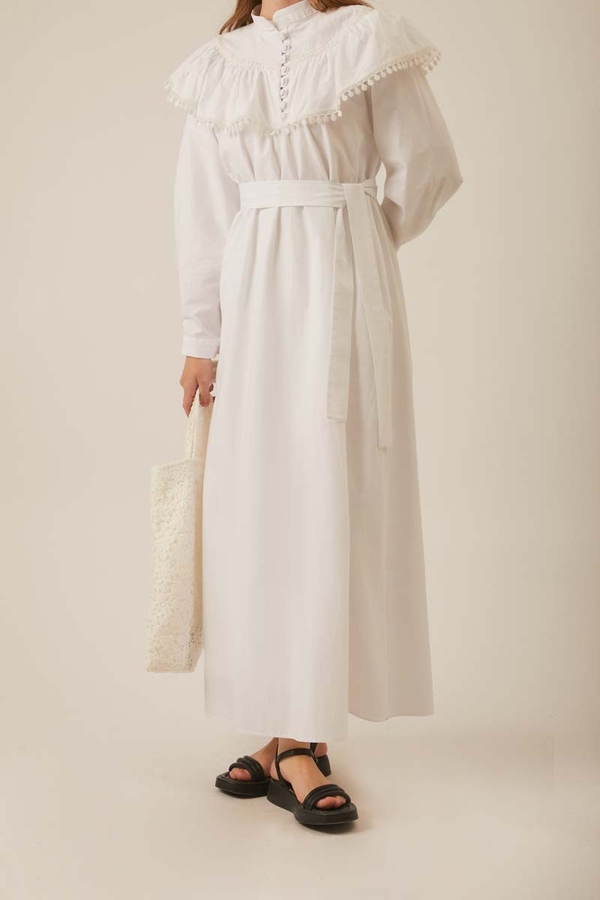 White Dress with Ruffled Yoke Detail - 9