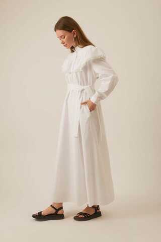 White Dress with Ruffled Yoke Detail - 10