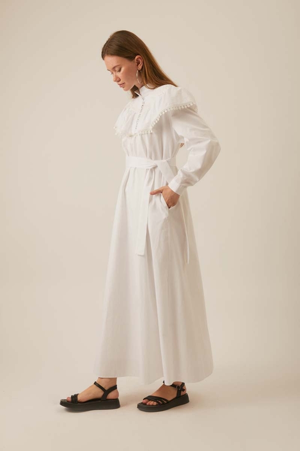 White Dress with Ruffled Yoke Detail - 10