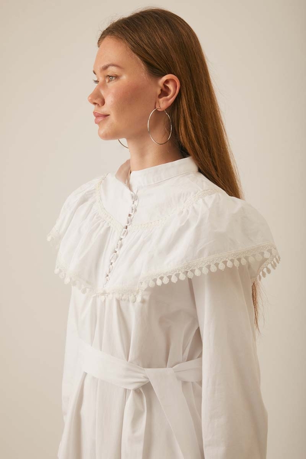 White Dress with Ruffled Yoke Detail - 4