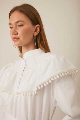 White Dress with Ruffled Yoke Detail - 6