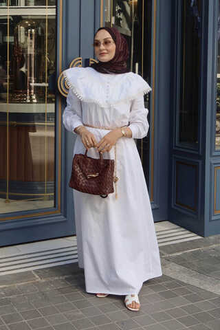 White Dress with Ruffled Yoke Detail - 2