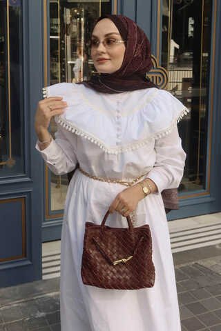 White Dress with Ruffled Yoke Detail - 1