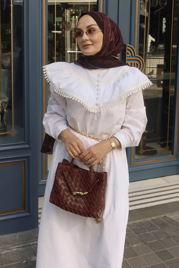 White Dress with Ruffled Yoke Detail - 3