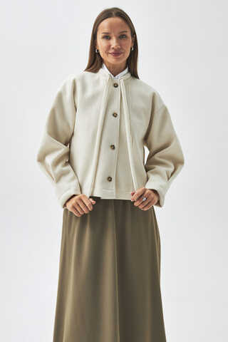 Yakası Bağlamalı Kısa Ceket Ekru - 6