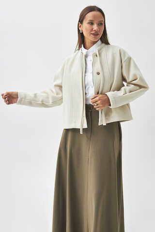 Yakası Bağlamalı Kısa Ceket Ekru - 9