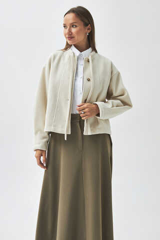 Yakası Bağlamalı Kısa Ceket Ekru - 1