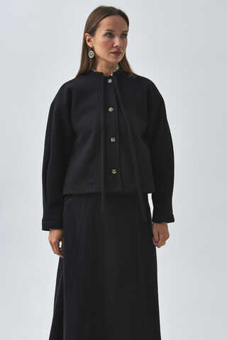 Yakası Bağlamalı Kısa Ceket Siyah - 7