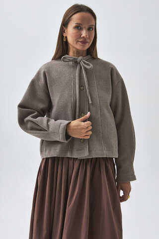 Yakası Bağlamalı Kısa Ceket Vizon - 1