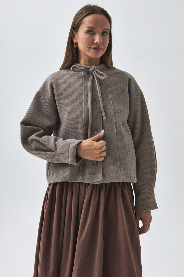 Yakası Bağlamalı Kısa Ceket Vizon - 1