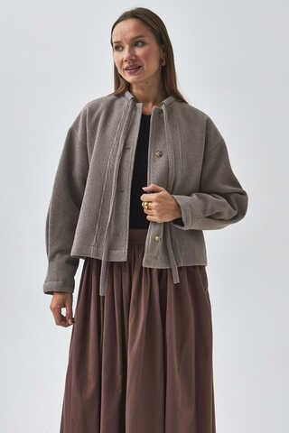 Yakası Bağlamalı Kısa Ceket Vizon - 7