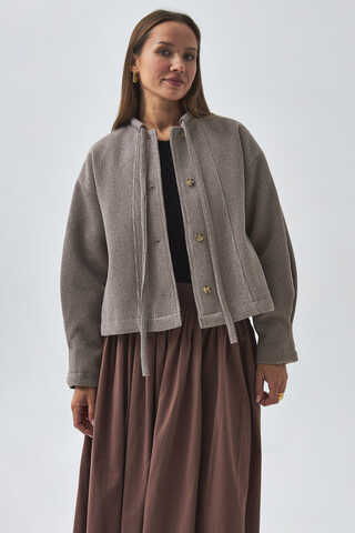 Yakası Bağlamalı Kısa Ceket Vizon - 8