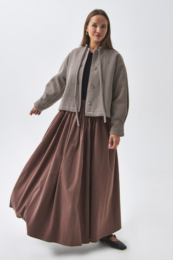 Yakası Bağlamalı Kısa Ceket Vizon - 9