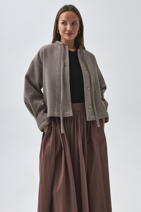 Yakası Bağlamalı Kısa Ceket Vizon - 10