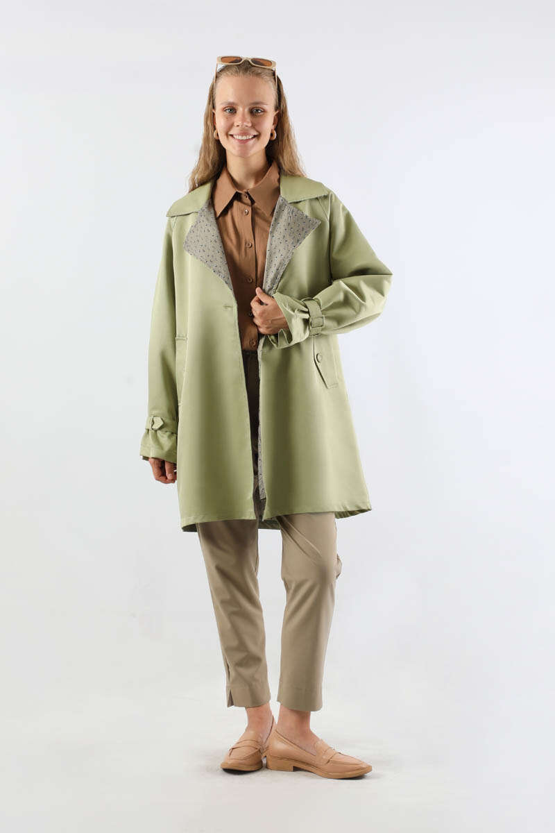 Yakası Desenli Midi Trençkot Mint