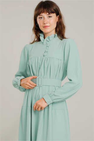 Yakası Fırfırlı Beli Kemerli Elbise Su Yeşili - Thumbnail