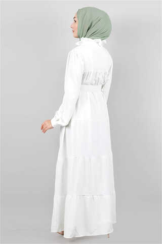 Yakası Fırfırlı Beli Kemerli Elbise Beyaz - Thumbnail