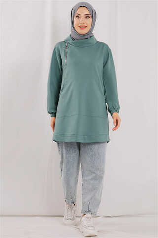 Zulays - Yandan Fermuarlı Mint Sweatshirt