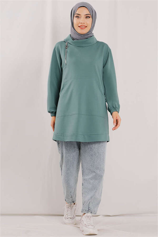 Zulays - Yandan Fermuarlı Mint Sweatshirt