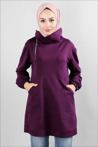 Yandan Fermuarlı Mor Sweatshirt - Thumbnail
