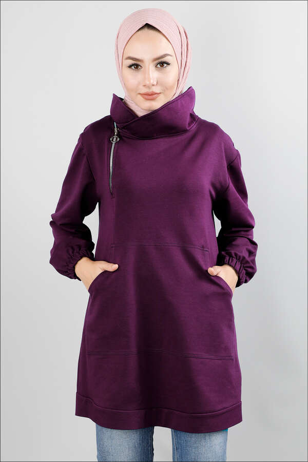 Yandan Fermuarlı Mor Sweatshirt