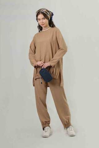 Zulays - Yırtmaçlı Tunik Pantolon Takım Camel