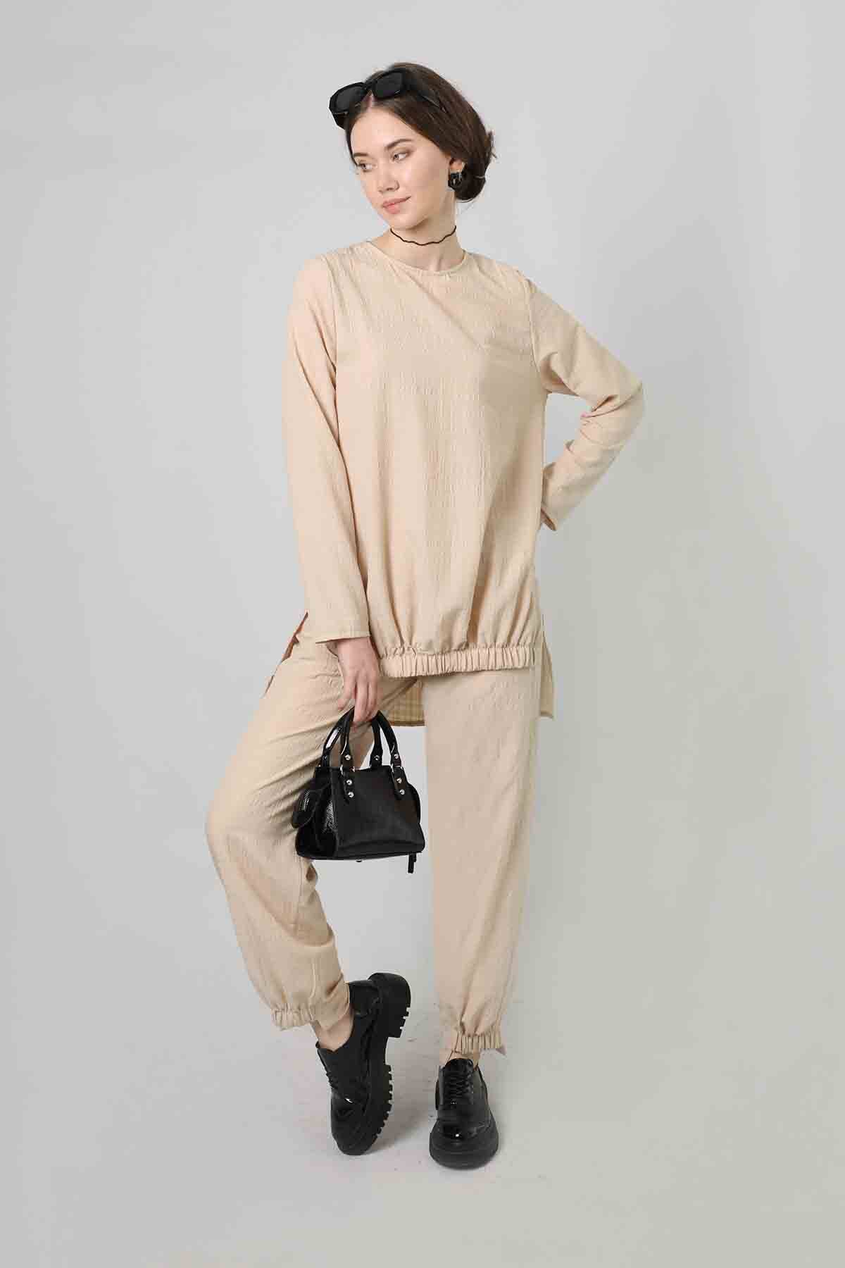 Yırtmaçlı Tunik Pantolon Takım Bej