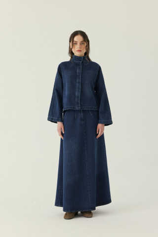 Yüksek Yaka Denim Ceket Mavi - 5