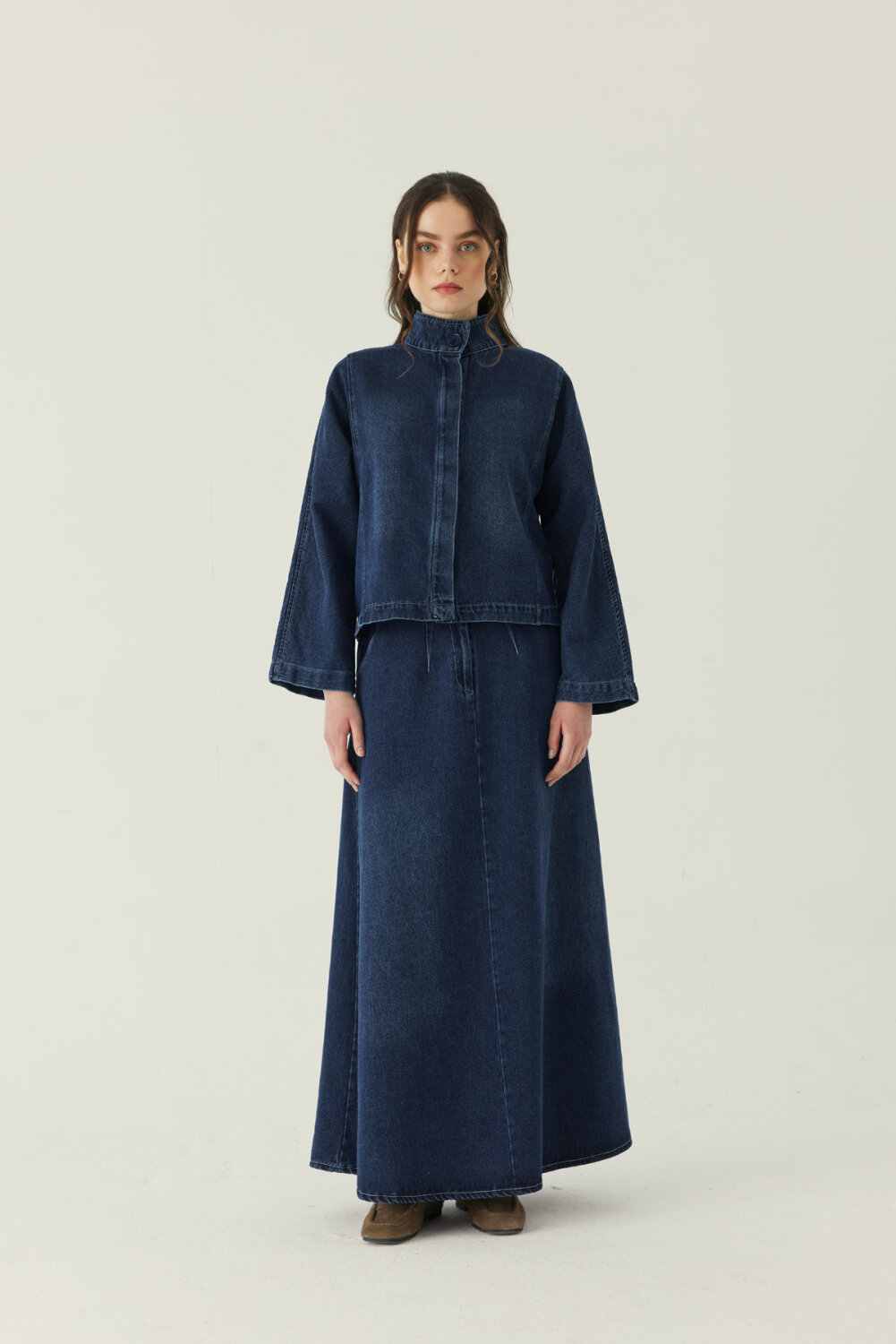 Yüksek Yaka Denim Ceket Mavi - 5