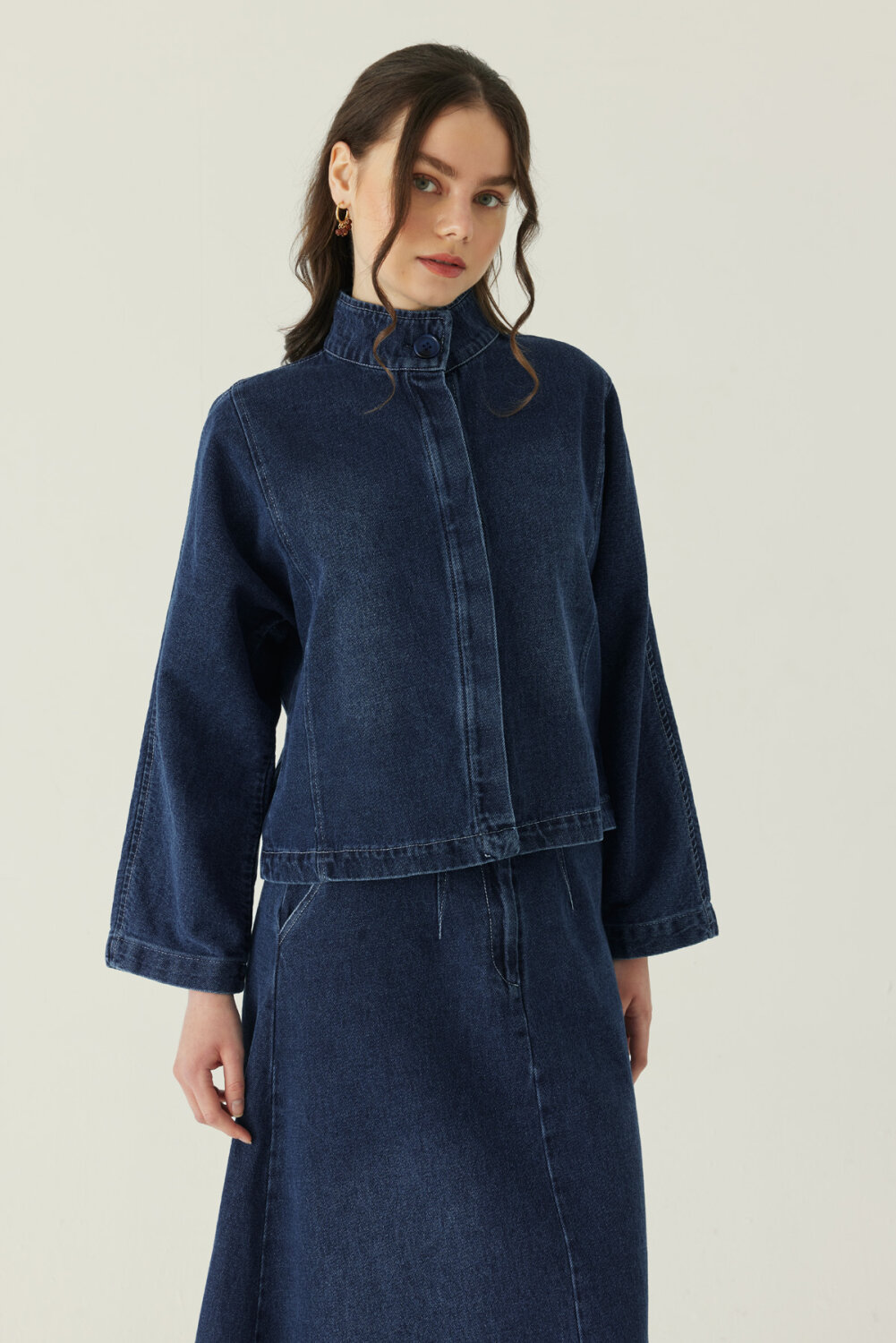 Yüksek Yaka Denim Ceket Mavi - 6